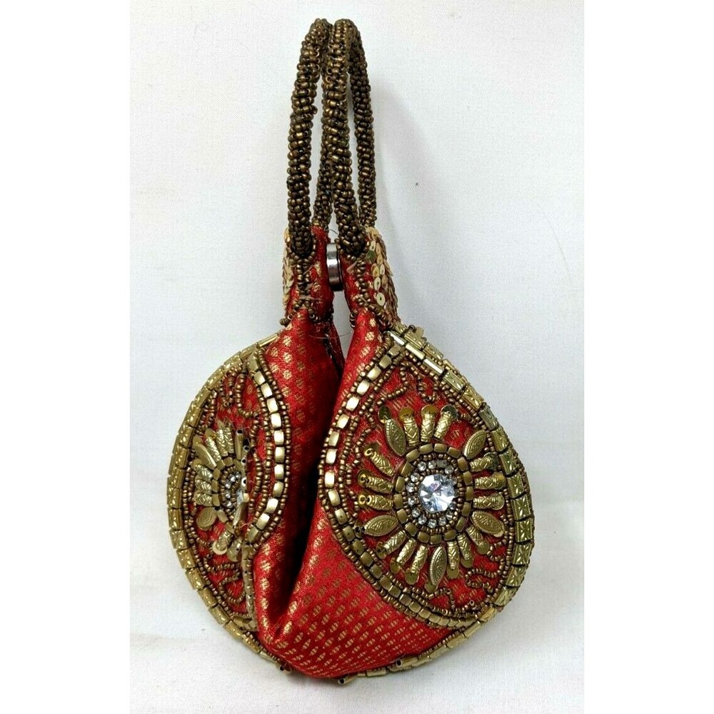 Red Brocade Potli Bag Purse Gold Indian Fortune Cookie Style Wristlet Fancy
